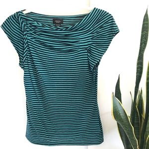 Anthropologie Teal/Black Striped Cowl Neck Tee